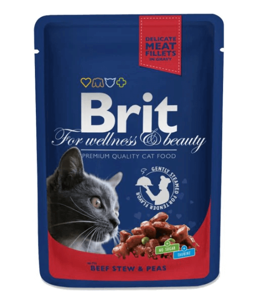 Brit Premium - Cat Pouches with Beef Stew & Peas in Gravy, Adult, Cat Wet Food - 100g - 1 Pouch