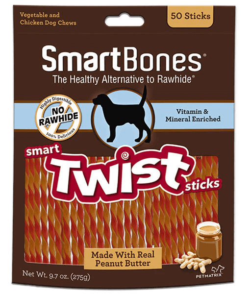 SmartBones - Smart Twist Sticks Peanut Butter, Rawhide-Free Dental Adult Dog Treats - 50 Sticks