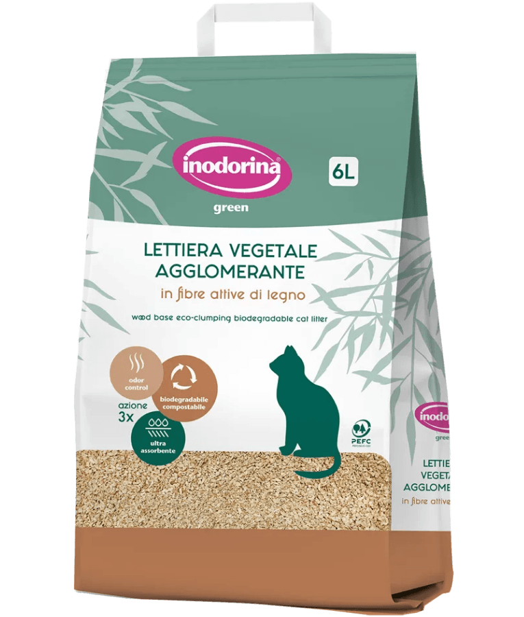 Inodorina - Green Eco Clumping Cat Litter, Wood Fiber Biodegradable & Compostable, For Cats - 6L