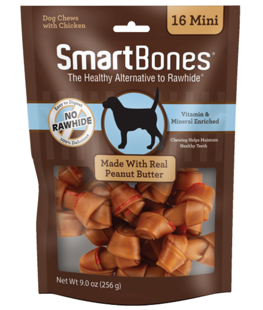SmartBones - Peanut Butter Classic Bone Chews Chicken, Rawhide-Free Dental Adult Dog Treats - Mini Dogs - 16 Pieces - 256g