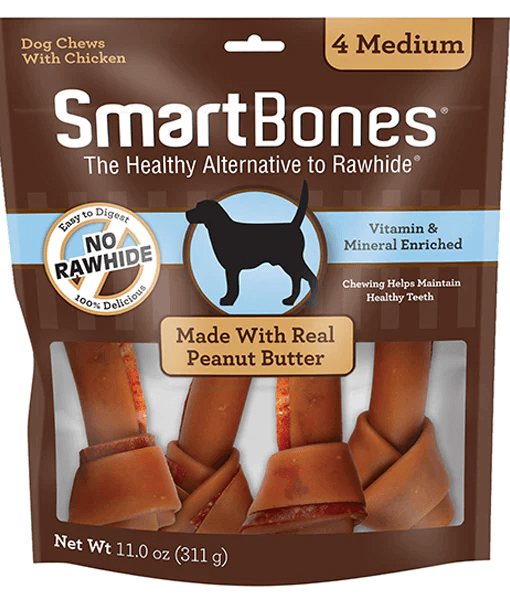 SmartBones - Peanut Butter Classic Bone Chews Chicken, Rawhide-Free Dental Adult Dog Treats - Medium Dogs - 4 Pieces - 311g