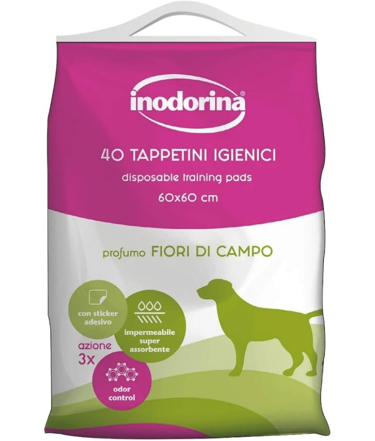 Inodorina - Perfumed Hygienic Pee Pads, Wild Flowers Scent, Super Absorbent Virgin Cellulose with Odour Control & Non-Slip Sticker for Dogs - 40 pcs - 60x60cm