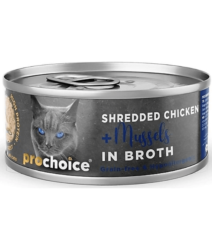 Prochoice – Shredded Grain-Free Wet Cat Food with Fresh Chicken & Mussels in Broth – 70g - 1 Can