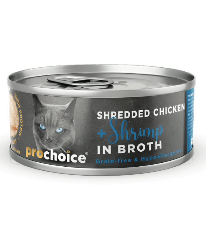 Prochoice – Shredded Grain-Free Wet Cat Food with Fresh Chicken & Shrimp in Broth – 70g - 1 Can