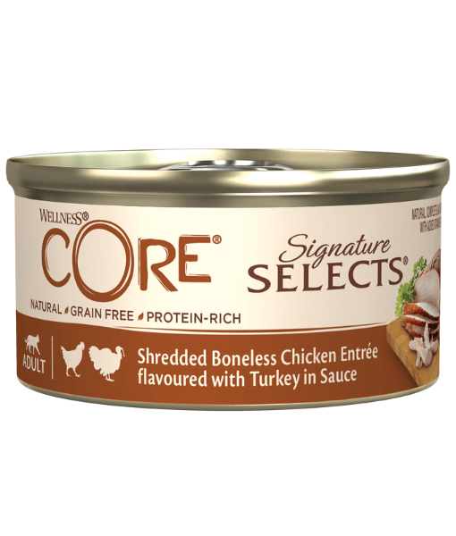 Wellness CORE Signature Selects Shredded Boneless Chicken Entree Flavored With Turkey In Sauce 79g - 1 Can