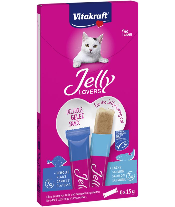 Vitakraft - Jelly Lovers, Lickable Jelly Tubes With Salmon and Plaice (Fish) - 6 Tubes x 15g - 1 Pouch