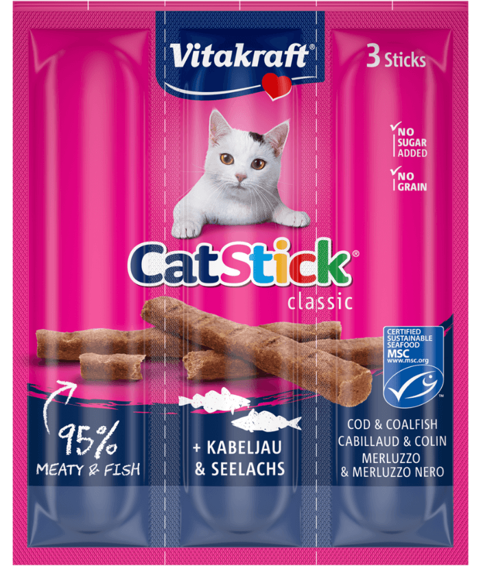 Vitakraft - CatStick, 3 Classic Soft Sticks With Cod and Pollock (Fish) - 18g - 1 Pouch