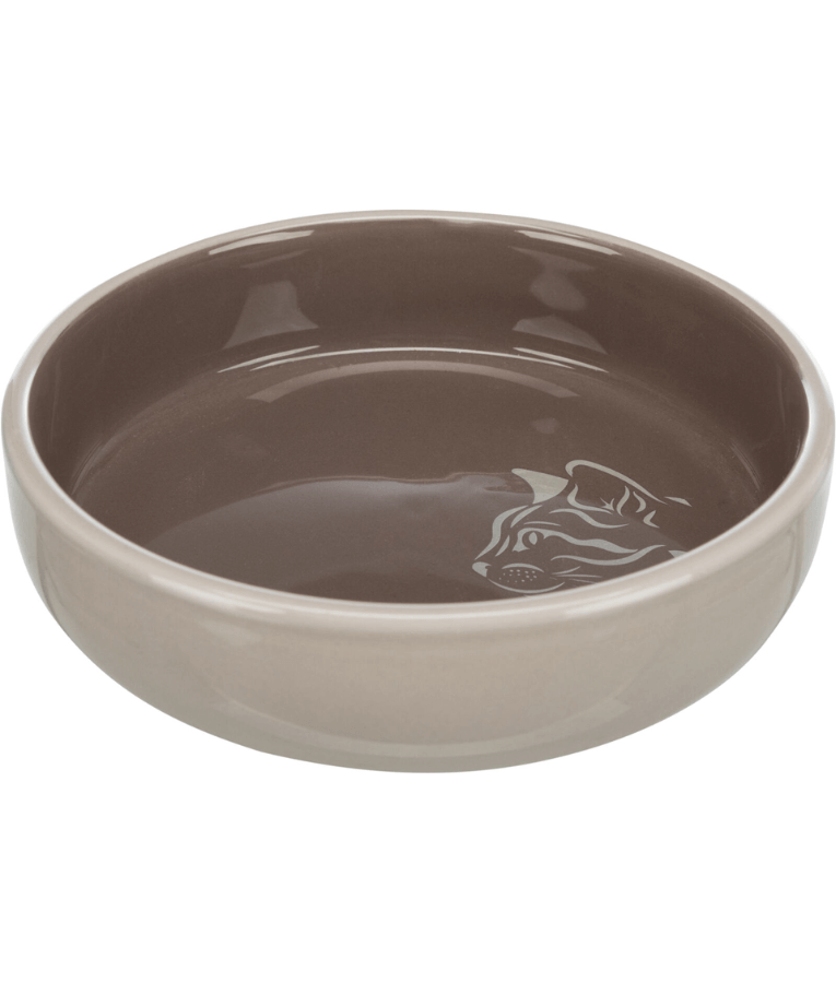 Trixie - Ceramic Cat Bowl, Shallow Design, Grey/Taupe, Ideal for Sensitive Whiskers - 0.3L/Ø15 cm