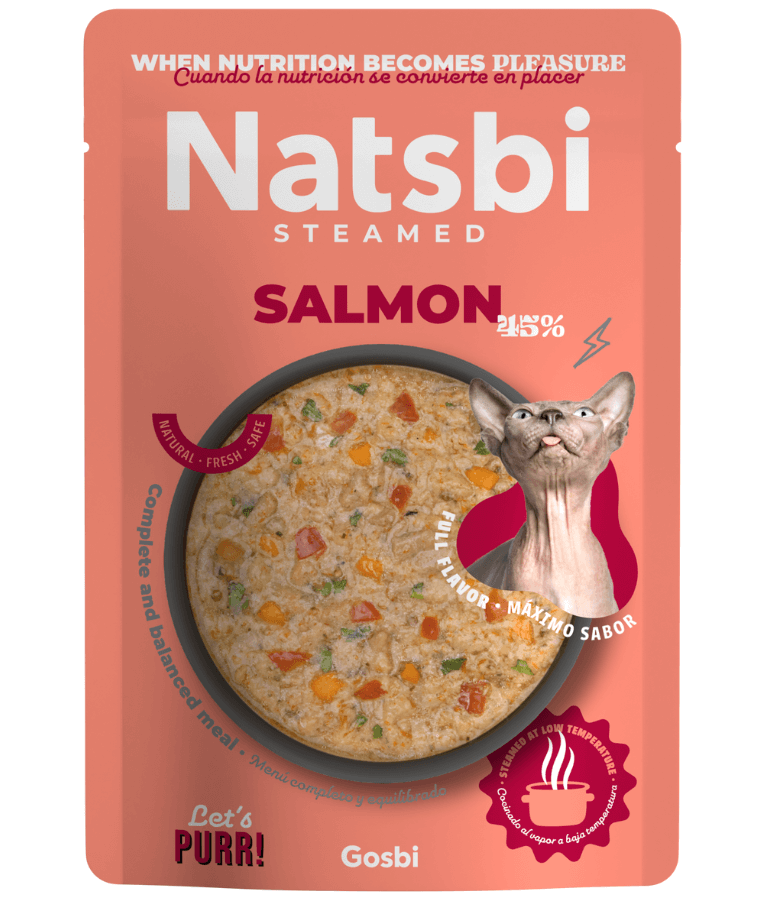 Gosbi - Natsbi Steamed, Salmon in Broth Fresh Cat Food - Grain-Free, Complete Meal for All Life Stages - 80g - Pouch