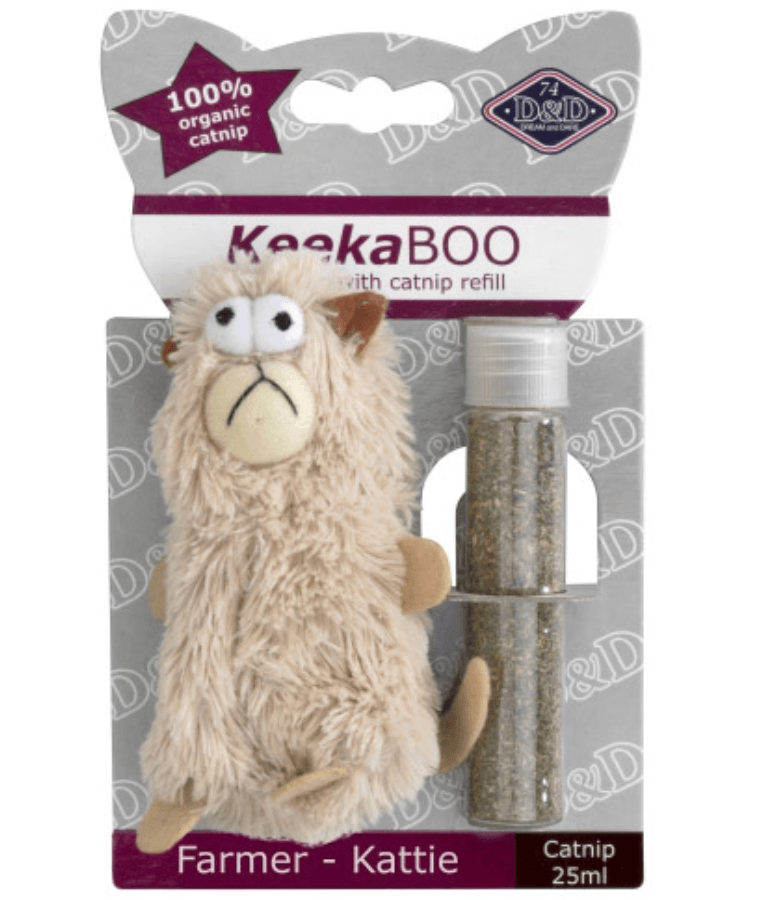 Duvo - D&D KeekaBoo Farmer Kattie Cat Toy with Catnip Refill – Plush Cat Toy – 11 × 6 × 2 cm