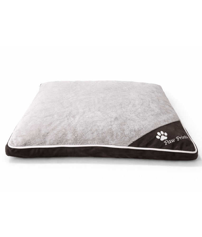 Paw Prints – Grey & Brown Plush Pillow Dog Bed, Faux Fur, Removable Washable Cover – 90 x 65 x 10 cm