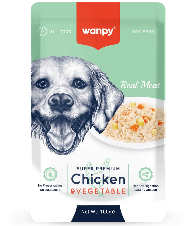 Wanpy - Pouch Chicken & Vegetable Wet Dog Food, Chicken, Vegetables, Easy Digestion, All Life Stages, All Breed Sizes - 100 g - 1 Pack