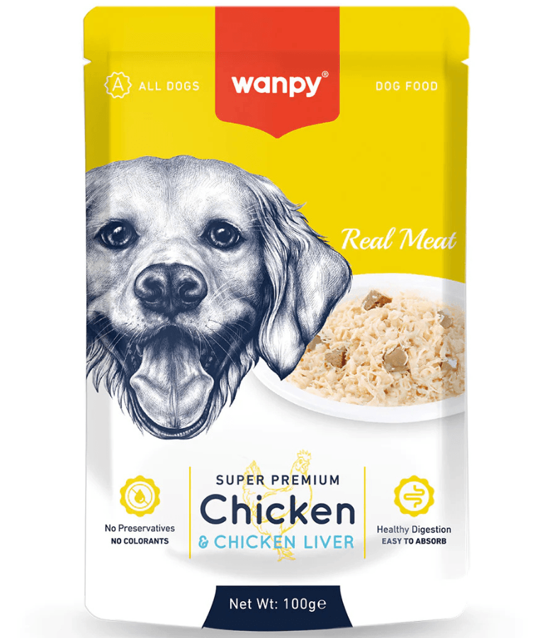 Wanpy - Pouch Chicken & Liver Fillet, Wet Dog Food, Chicken, Chicken Liver, Easy Digestion, All Life Stages, All Breed Sizes - 100 g - 1 Pack