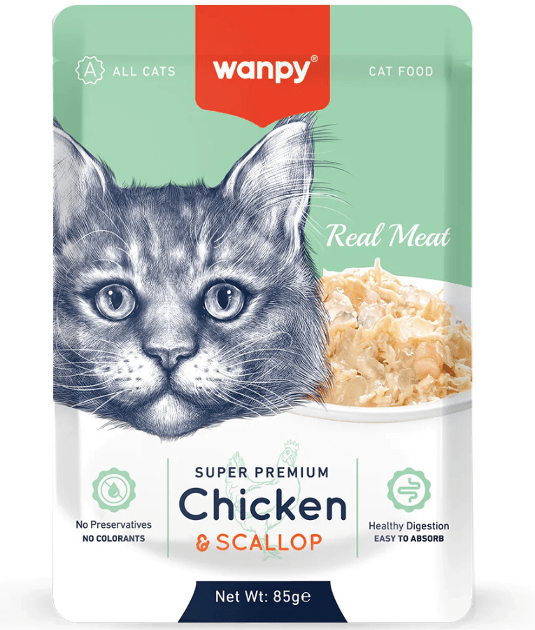 Wanpy - Pouch Chicken & Scallop Fillet, Real Meat, Easy Digestion, Shredded In Jelly, All Life Stages - 85 g - 1 Pack
