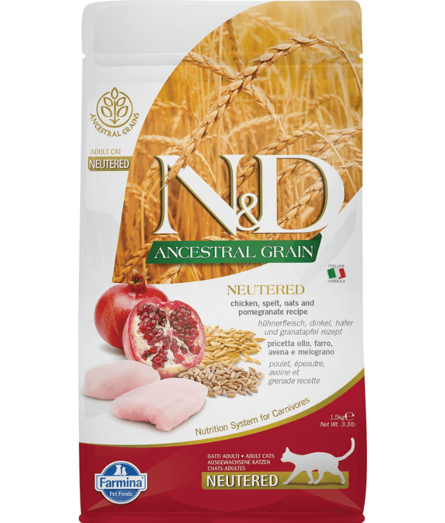 Farmina - N&D Ancestral Grain, Chicken and Pomegranate Adult Dry Cat Food for Sterilised Cats 1.5kg - 1.5 kg