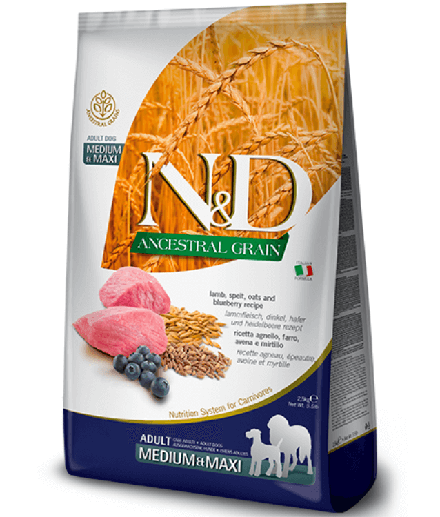Farmina - N&D Ancestral Grain, Lamb and Blueberries Adult Dry Dog Food For Medium & Maxi Breeds 12kg - 12 kg
