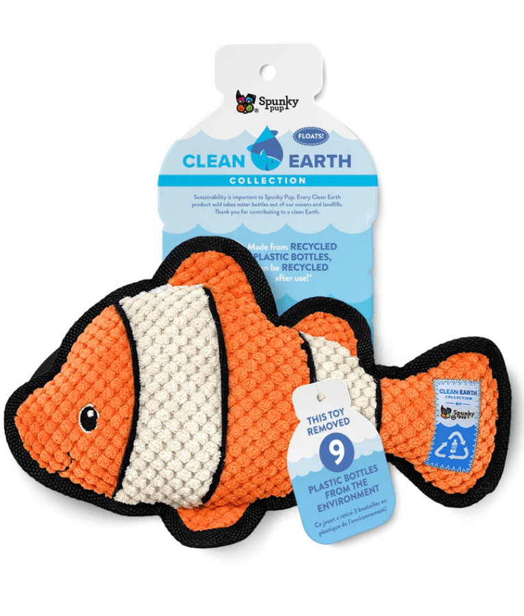Spunky Pup - Clownfish Clean Earth Plush Textured, Recycled Materials - Sustainable Floating Squeaky Dog Toy