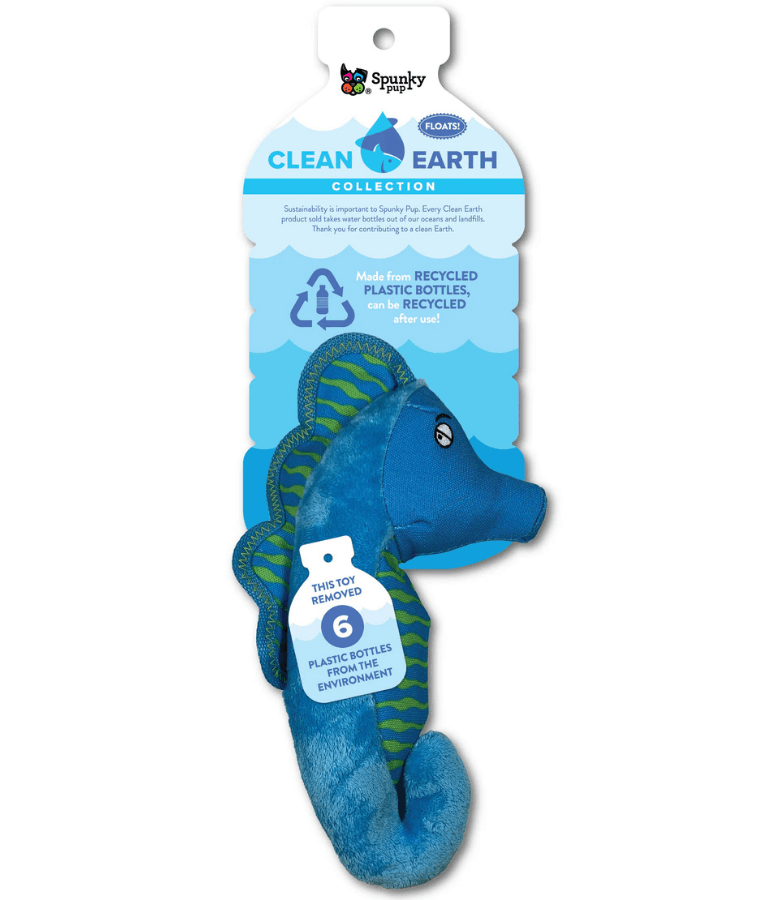 Spunky Pup - Seahorse Clean Earth Plush Textured, Recycled Materials, Sustainable Floating Squeaky Dog Toy - Small
