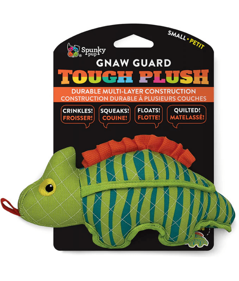 Spunky Pup - Neon Tough Plush Lizard, Multi-Layer Durable Fabric - Squeaky Crinkle Floating Dog Toy - Small