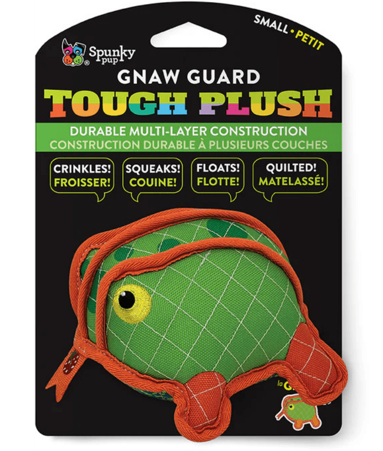 Spunky Pup - Neon Tough Plush Frog, Multi-Layer Durable Fabric - Squeaky Crinkle Floating Dog Toy - Small