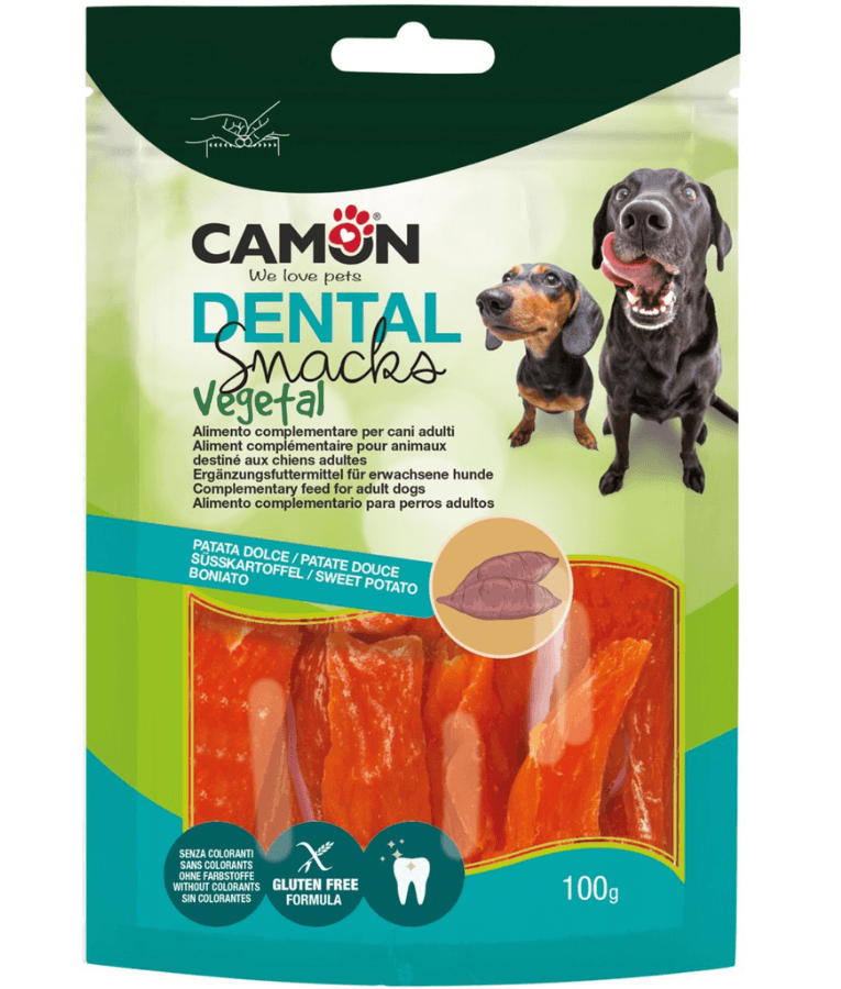 Camon - Dental Snacks Vegetal Sweet Potato Strips, Gluten-Free, Chewy Reward Treat for Adult Dogs - 100g