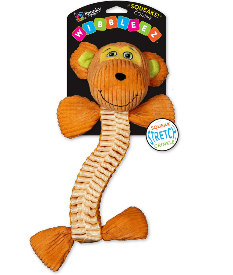 Spunky Pup - Wibbleez Straight Monkey, Stretch & Squeak Plush Dog Toy
