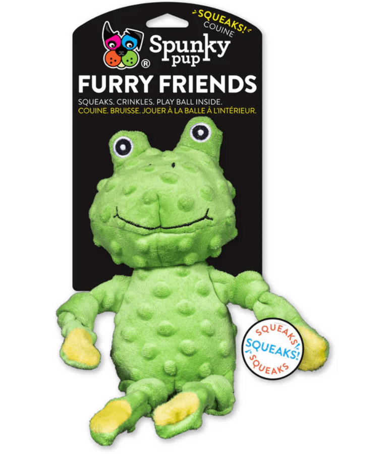 Spunky Pup - Furry Friends Plush Frog, Squeaky Crinkle Ball Dog Toy