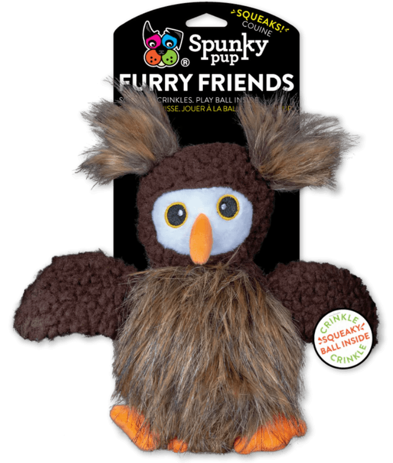 Spunky Pup - Furry Friends Plush Owl, Crinkle Squeaky Ball Dog Toy