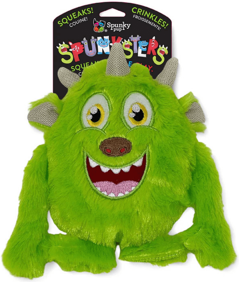 Spunky Pup - Spunksters Green Plush Monster, Squeaky Crinkle Dog Toy