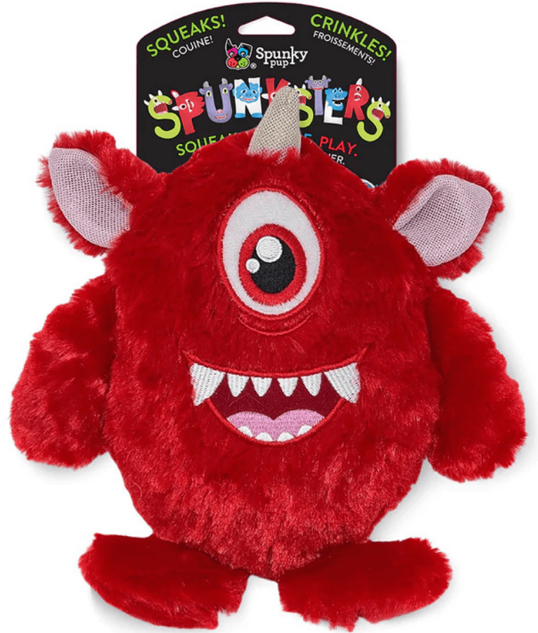 Spunky Pup - Spunksters Red Plush Monster, Squeaky Crinkle Dog Toy