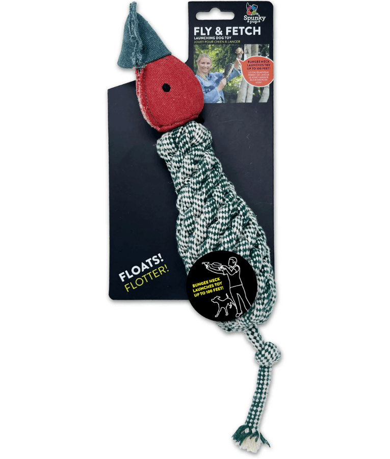 Spunky Pup - Fly & Fetch Rope Duck, Floating Launching Squeaky Dog Toy - 38 cm
