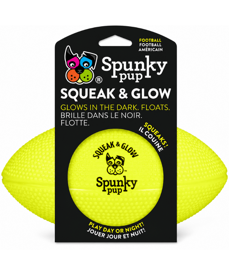 Spunky Pup - Squeak & Glow Football, Glow-in-the-Dark Floating Dog Fetch Toy, Squeaky Textured Football - Yellow