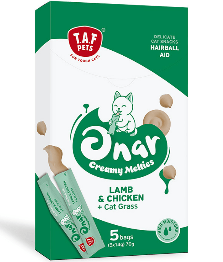 TAF Pets - Onar Creamy Snacks, Chicken, Lamb & Cat Grass, Hairball Aid Creamy Cat Treats, All Life Stages - 70g (5x14g)