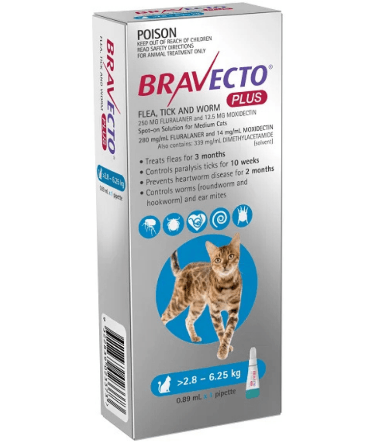 Bravecto Plus - Fluralaner & Moxidectin Spot-On Solution for Medium Cats, Tick, Flea & Worm Protection - 2.8–6.25 kg
