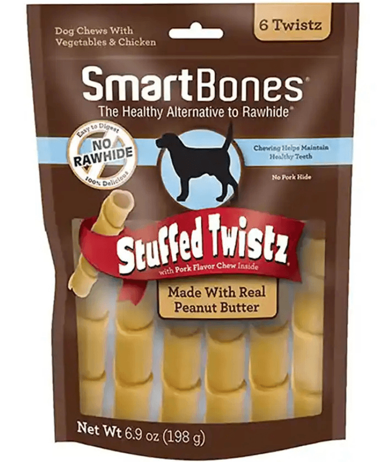 SmartBones - Stuffed Twists Peanut Butter, Pork Flavor, Rawhide-Free Dental Dog Treats - 6 Pieces - 198g