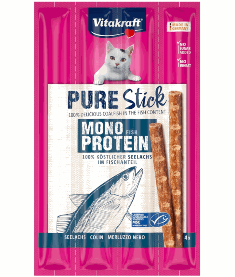 Vitakraft - Pure Stick Coalfish, Mono Protein, Sensitive Nutrition Support, All Life Stages Cat Treat - 20 g (4 x 5 g)