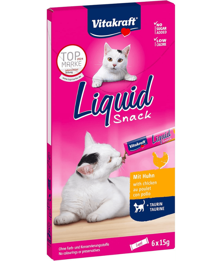 Vitakraft - Liquid Snack Chicken & Taurine, Low Calorie, Eye & Heart Support, All Life Stages - 90 g (6 x 15 g)