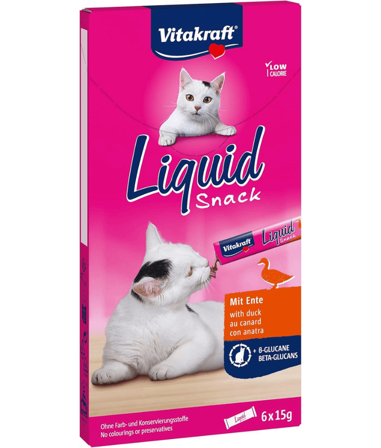Vitakraft - Liquid Snack Duck & Beta-Glucans, Immune Support, Low Calorie, All Life Stages - 90 g (6 x 15 g)