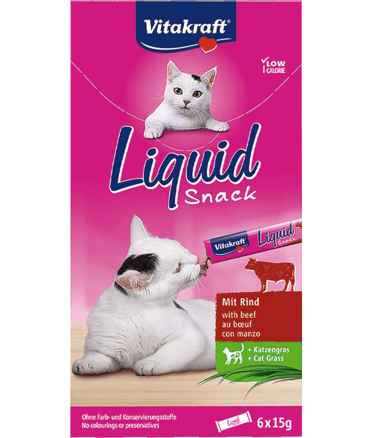 Vitakraft - Liquid Snack Beef & Inulin, Digestive Support, Low Calorie, All Life Stages - 90 g (6 x 15 g)