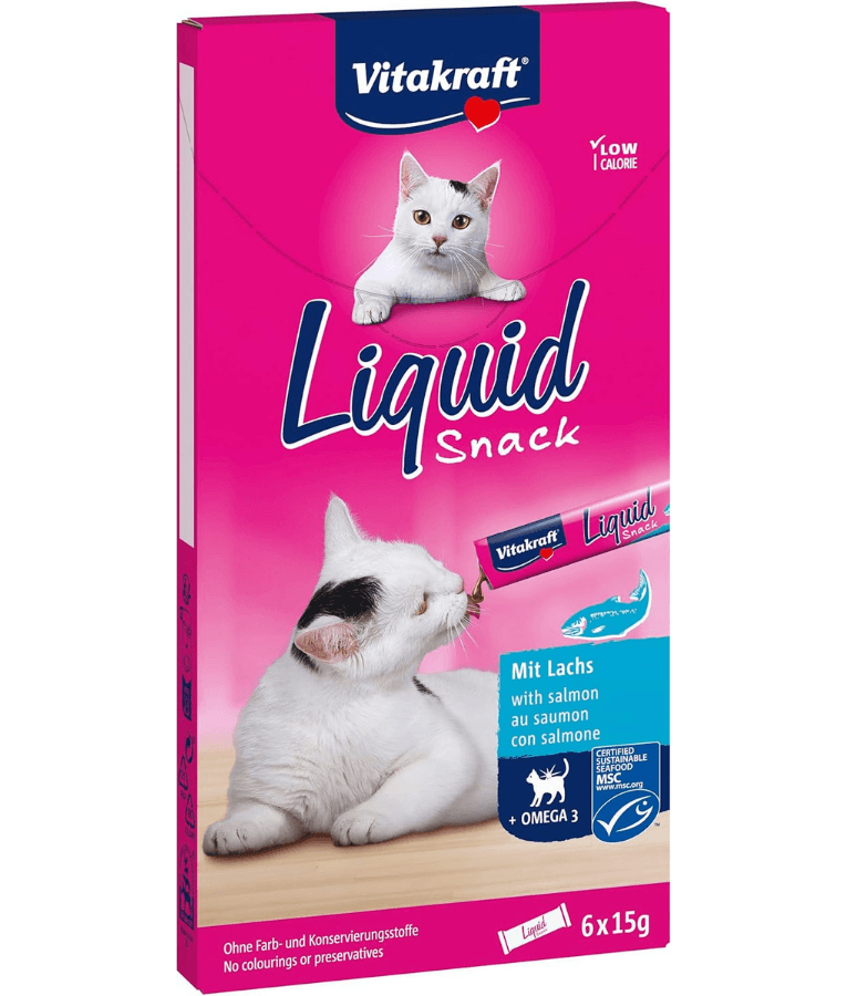 Vitakraft - Liquid Snack Salmon, Omega 3, Skin & Coat Support, All Life Stages - 90 g (6 x 15 g)