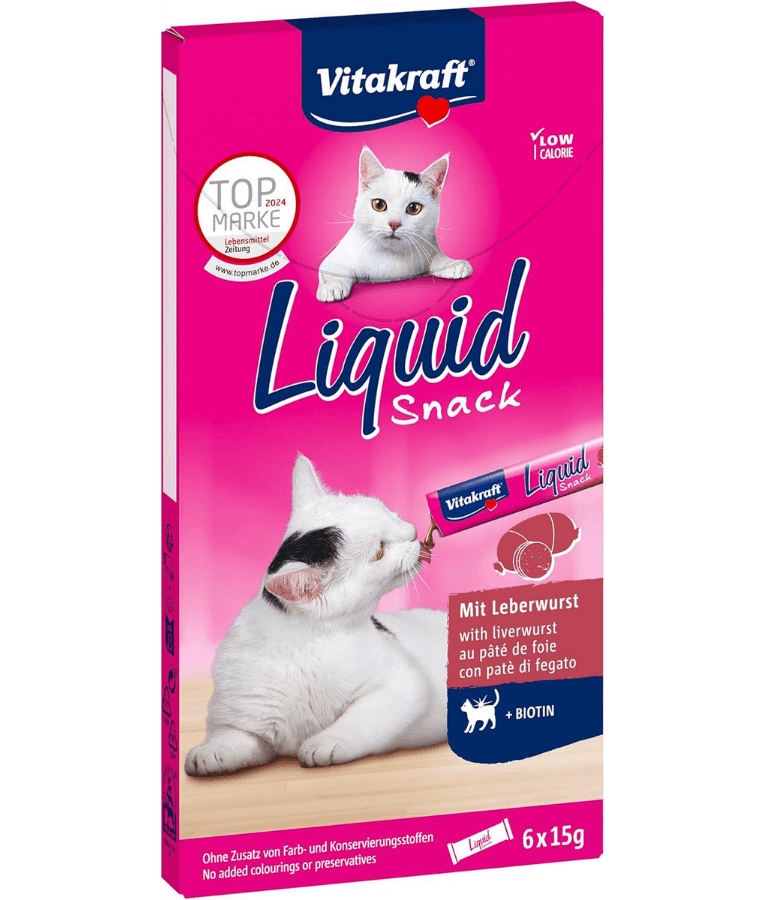 Vitakraft - Liquid Snack Liver Sausage, Biotin, Skin & Coat Support, All Life Stages - 90 g (6 x 15 g)