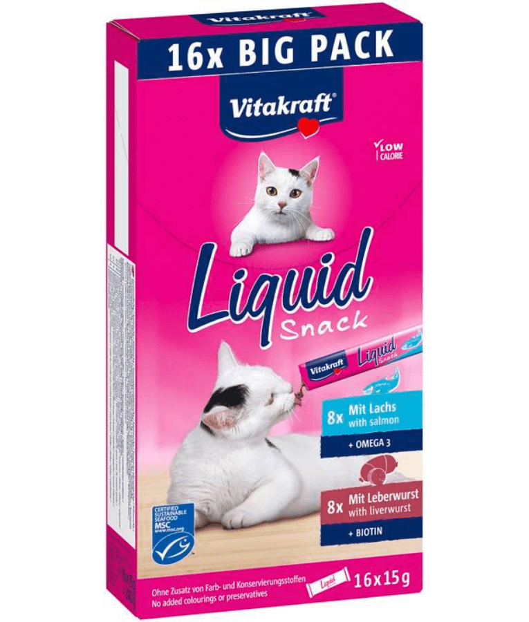 Vitakraft - Liquid Snack Multipack, Salmon, Liver Sausage, Omega 3 & Biotin, Skin & Coat Support, All Life Stages Cat Treat - 240 g (16 x 15 g)