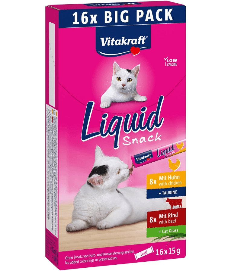 Vitakraft - Liquid Snack Multipack, Chicken, Beef, Taurine, Inulin & Cat Grass, Digestive & Heart Support, All Life Stages Cat Treat - 240 g (16 x 15 g)