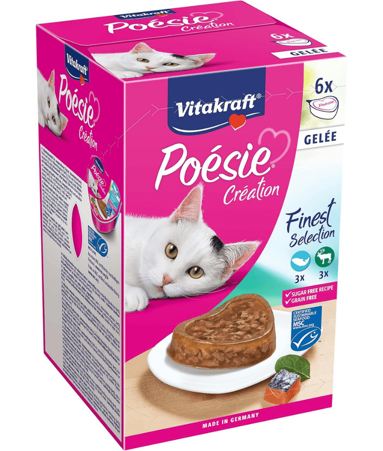 Vitakraft - Poésie Création Multipack, Salmon & Spinach in Jelly, Game & Cranberry in Jelly, Adult Cat Wet Food - 510g (6 x 85g)