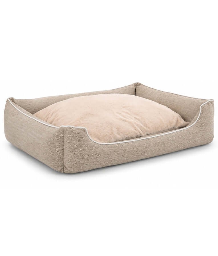 King Queen - Extra Large Rectangular Dog Bed, Greige & Peach, Plush Sleeping Cushion, Raised Bolsters - 130 × 90 × 25 cm