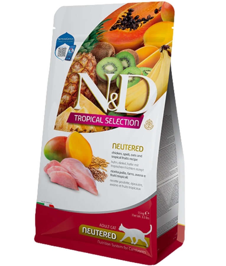 Farmina - N&D Tropical Selection, Neutered, Chicken, Spelt, Oats & Tropical Fruits, Weight Management, Sterilized Adult Cat Dry Food - 1.5 kg