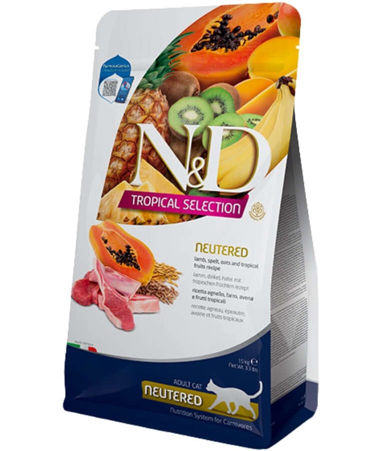 Farmina - N&D Tropical Selection, Neutered, Lamb, Spelt, Oats & Tropical Fruits, Weight Management, Sterilized Adult Cat Dry Food - 1.5 kg - 1.5 kg