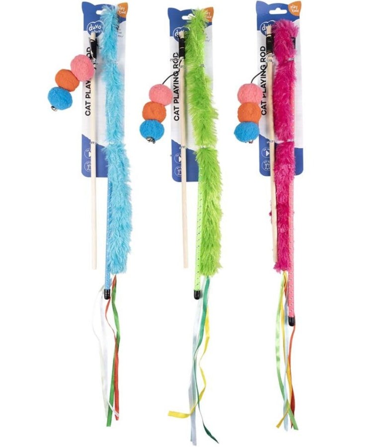 Duvo - Playing Rod Set, Plush Tail & Balls, Set of 2, Random Color