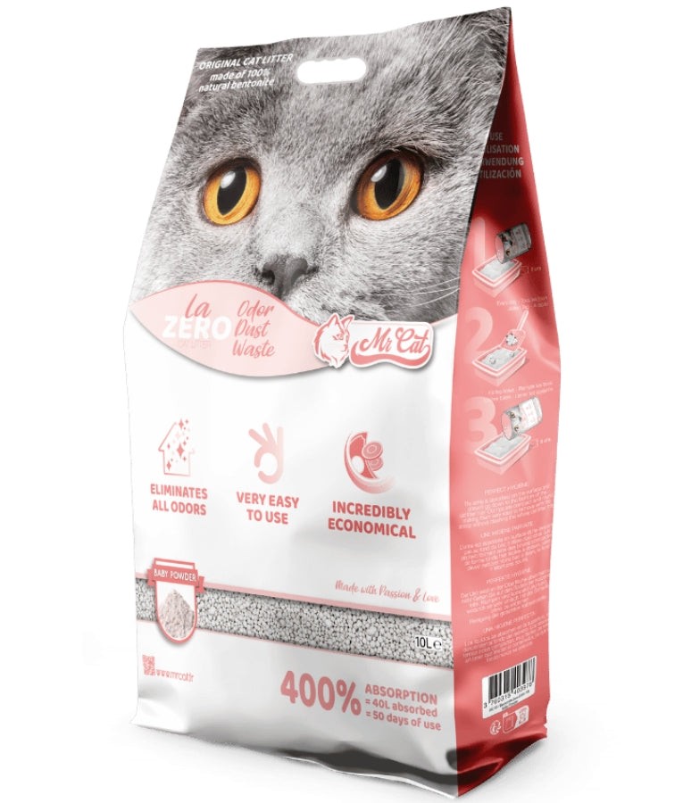 Mr. Cat - La Zero Cat Litter, Clumping Bentonite, Baby Powder Scented With 400% Absorption, For Cats - 10L (8 kg)