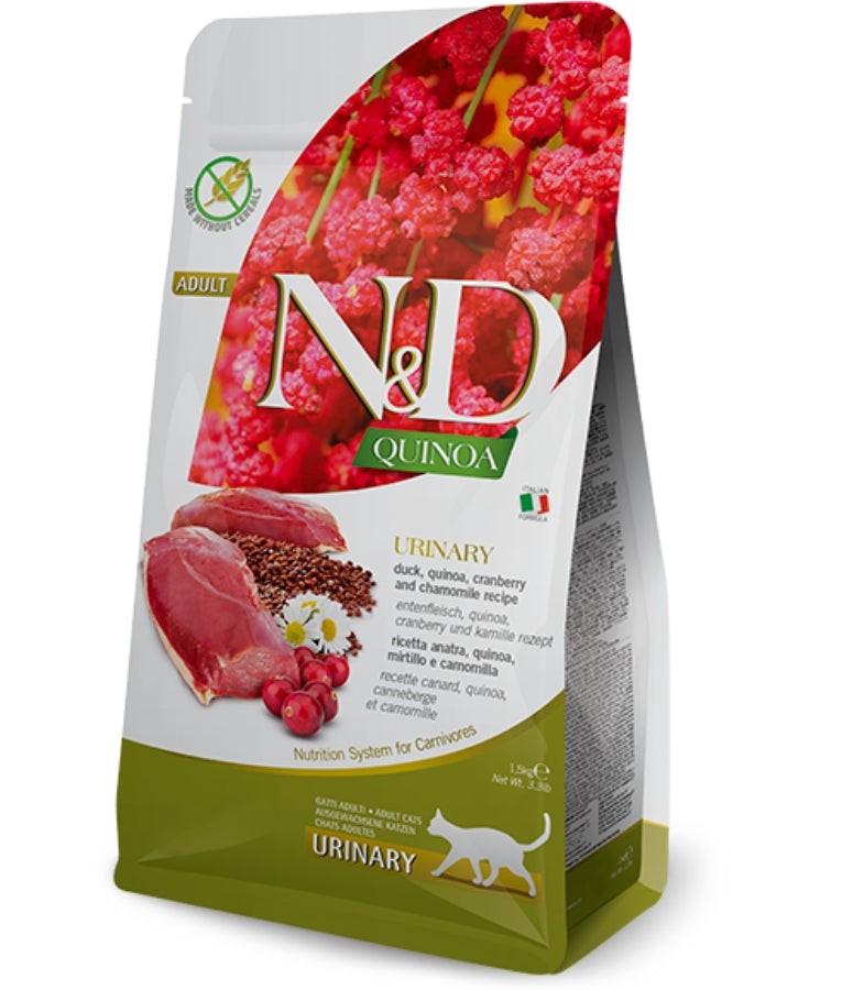 Farmina - N&D Quinoa Urinary Duck, Cranberry & Chamomile, Grain-Free, Adult Dry Cat Food - 1.5kg